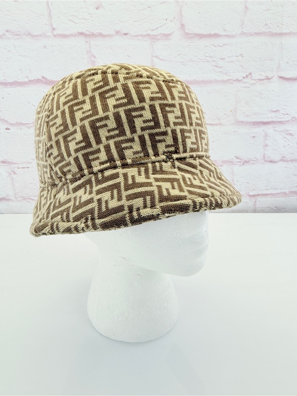 Fendi Beige and Brown FF Logo Wool Bucket Hat